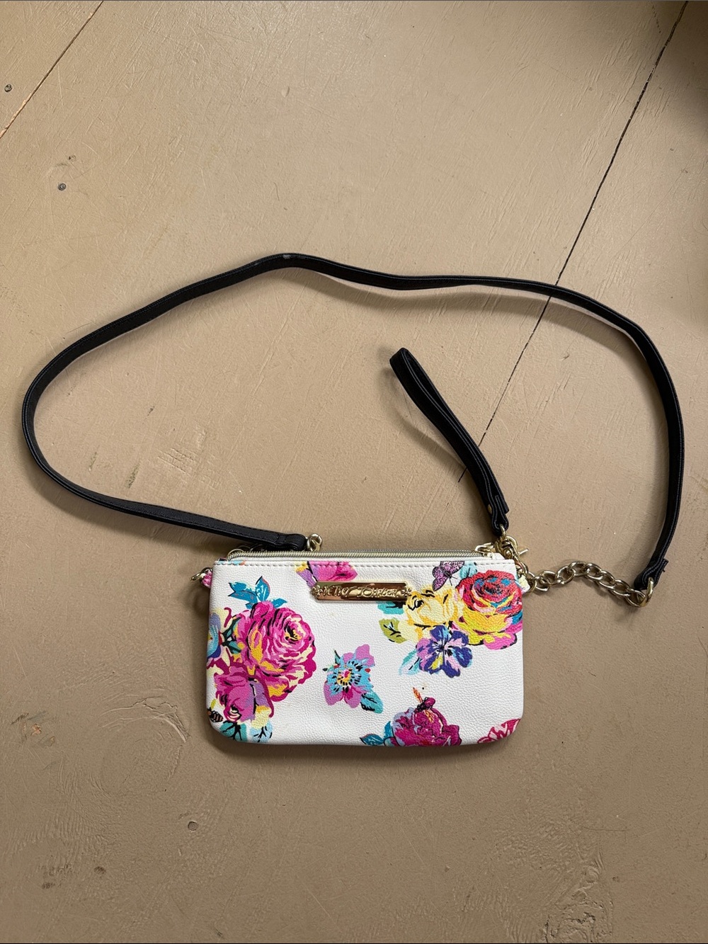 Floral Crossbody Wristlet Bag - White with Pink & Yellow Flowers